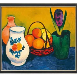 August Macke: »Weißer Krug mit Blumen und Früchten«, 1910, schwarz-silber gerahmt