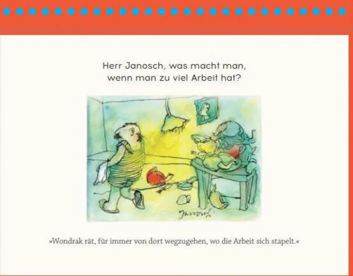 Postkartenaufsteller »Herr Janosch, wie wird man bei der Arbeit glücklich?«
