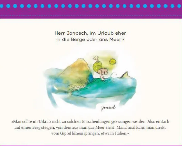 Postkartenaufsteller »Herr Janosch, wie wird man bei der Arbeit glücklich?«